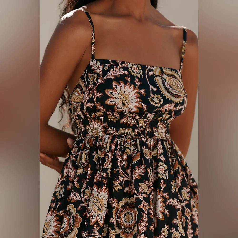 Celandine Anthropologie Dark Floral Straight-Neck Tiered Ruffle Mini Dress Large